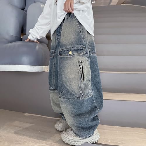 Boys Jeans Baggy Vintage Straight Leg Denim Cargo Pants with Pockets Elastic High Waist Hip Hop Pant 4-14 Years4