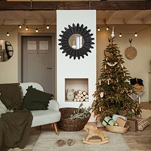 Image of Honiway 21 inch Black Wall Decor Vintage Mirror, Boho Style, Wooden Frame, Easy to Hang, Ideal Gift