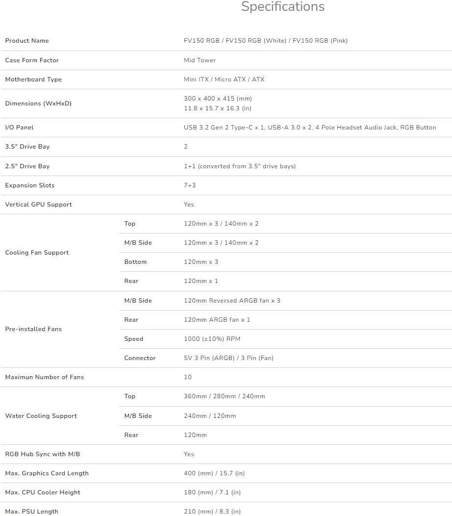 Cougar FV150 RGB Gaming Case Mid Tower, Up to 400mm GPU Supported, Pre-Installed Fans 3x120mm ARGB M/B Side and 1x120mm ARGB Rear, Black