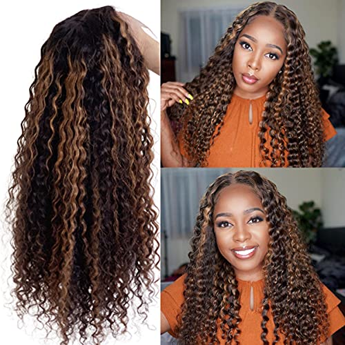 Curly Lace Front Wig Human Hair Pre Plucked Natural Hairline 12" Half Hand Parting T Part Lace Frontal Wigs with Baby Hair Thick Highlighted Deep Wave Brown Human Hair Wigs for Black Women