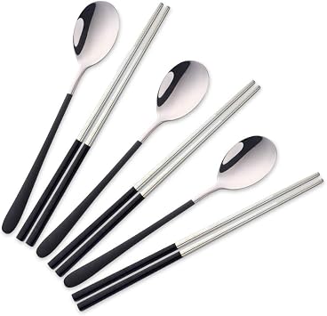 Chopsticks and Spoon Set, For 3 People, 18-8 Stainless Steel, Stylish, Hygienic, Korean Tableware, Stainless Steel Chopsticks, 9.3 inches 23.5 cm, Korean Spoon, For Adults, Guests, Cutlery