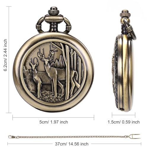 Image of SIBOSUN Pocket Watch with Chain Oversized 50MM 1.96 Inch Deer Reindeer Woodland Men Vintage Box Quartz Pocket Watches Analog