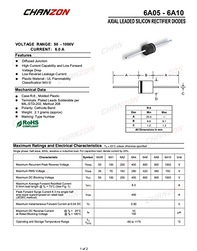 (Pack Of 20 Pieces) Chanzon 6A4 Rectifier Diode 6A 400V R-6 Axial 6 Amp 400 Volt Electronic Silicon Diodes #TOP1