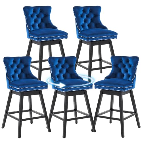 Image of Blue Swivel Bar Stools, Velvet Counter Height Bar Stools Set of 5 | 360 Swivel Bar Chairs, Solid Wood Legs, Upholstered Kitchen Island Stools, Modern Extra Wide Seat (Blue, 30 inch H, 5 Pack)