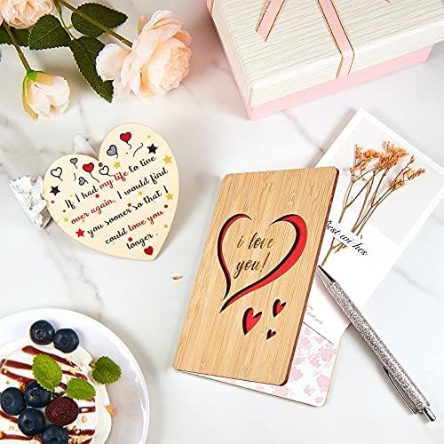 I Love You Wooden Plaque Sets Wood I Love You Greeting Card and Wooden Hanging Heart Shaped Plaque for Anniversary Happy Valentine's Day (Classic Style)