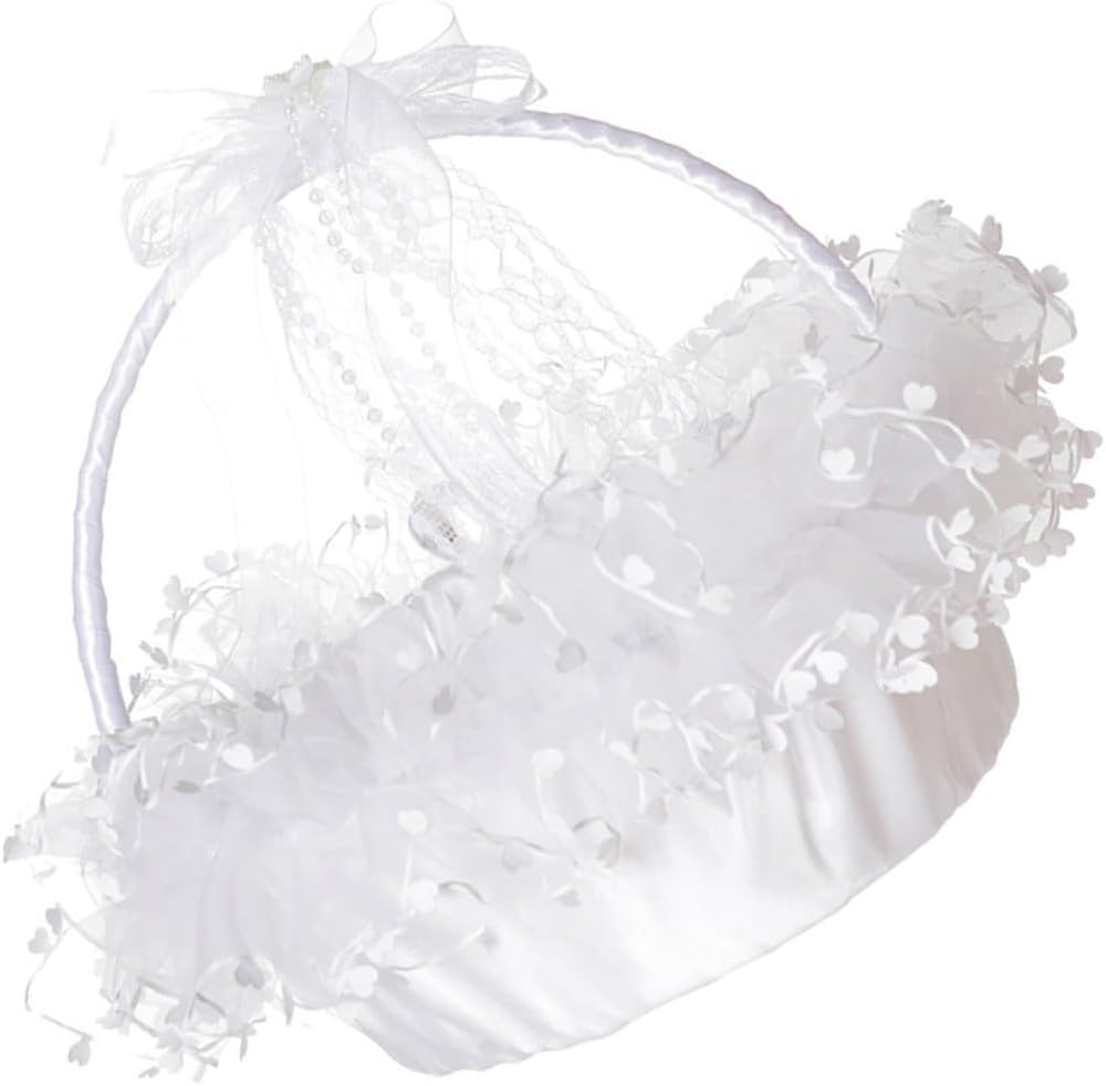 SUPVOX Handheld Lace Wedding Flower Basket, Foldable Portable Decorative Lace Basket for Flower Girl, White, Elegant Wedding Ceremony Supply