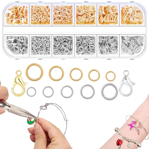 QIOOLEEO 5 Sizes(1200pcs) Open Jump Rings for Jewelry Making Gold & Silver Non-Tarnish O Ring Connectors DIY Necklace Repair Bracelets Earrings Pendants Keychains Lobster Clasps Charms