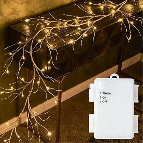 Fudios Lighted Birch Garland with Timer 48 LED Fairy Lights 6ft Battery Operated for Mantle Decor, Lit Twig Garland Christmas Indoor Outdoor Wedding Home Wall Decoration Cover
