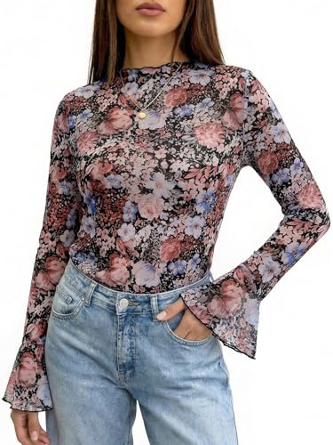 Tankaneo Womens Mesh Polka Dot Tops Bell Sleeve High Neck Summer Casual Blouse Trendy Loose Fit Y2K Going Out Tee Shirts Flower — view 4