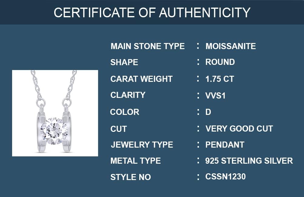 SAVEARTH DIAMONDS Moissanite Pendant Necklace 0.5CT-1.75CT D Color VVS1 Clarity 18K Gold Plated S925 Sterling Silver Round Brilliant Cut Moissanite Diamond Necklace