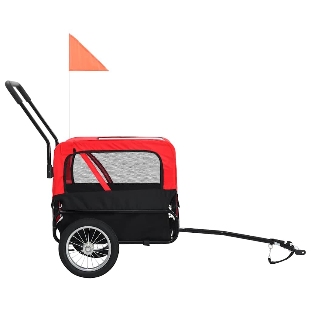 2-in-1 Fahrradanhänger für Hunde und Buggy Rot Schwarz faltbar mit Federung und Netz für Transport Komfort bei Spaziergang Reise und Outdoor Nutzung