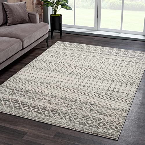 Hauteloom New Harput Moroccan Trellis Farmhouse Area Rug - Living Room, Bedroom Carpet - Bohemian, Distressed - Geometric, Chevron Pattern - Beige, Dark Gray, Light Grey, Off White - 7'10