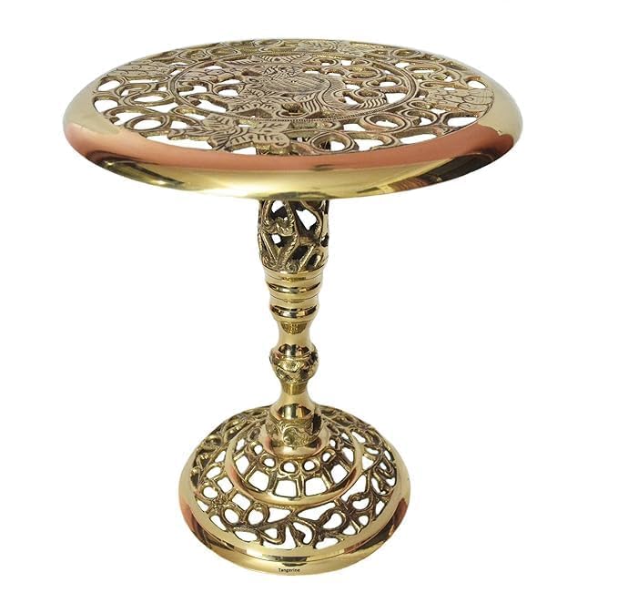 Decorative Brass Pedestal Stand for Home Decor | Vintage Metal Display Riser Table | Floral Cutwork Design Accent Stand for Living Room Bedroom Office Temple Decoration-image-1