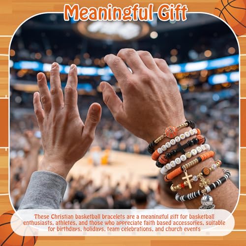 Kenning 7 Pcs Basketball Baseball Spider Bracelets Bible Verse Bracelets Religious Christian Charm Bracelet Stackable Beaded Jewelry Gifts for Teams Sports Fans Women Men(Basketball)