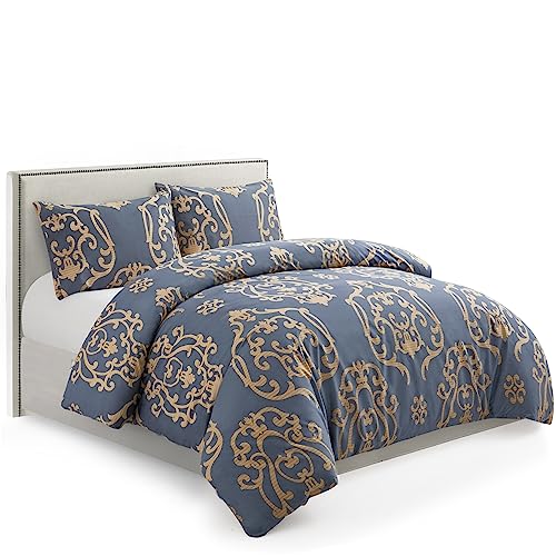 Marina Decoration Ultra Soft Silky Zipper Rich Printed Rayon From Bamboo All Season 3 Pieces Duvet Cover Set With 2 Pillowcases, Gold Damask Navy Blue Pattern King Size #TOP7