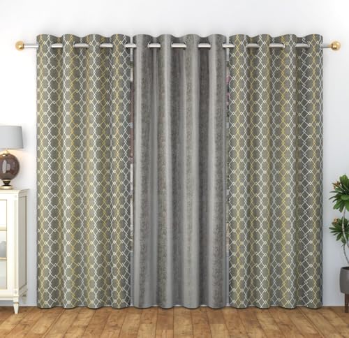 Image of Home Decor Check Designer Door Curtains 7 feet Set of 3 for Drawing Room /Living Room /Hall Room Parde for Door, Grey