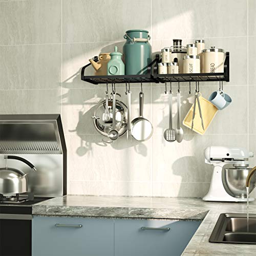 Love-Kankei Pot Rack Wall Mounted Set Of 2 Pan Pot Organizer Wall Shelves With 16 Hooks For Kitchen Cookware Utensils Organization Black #TOP1