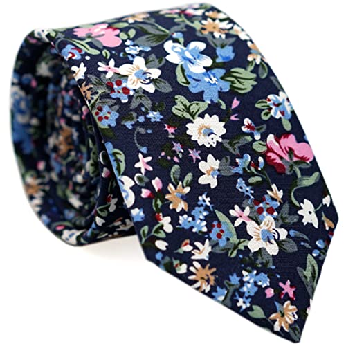 BELLUNO Floral Skinny Tie for Men, Slim Flower Tie for Wedding, Activities, Gift Box-Navy Wild, Navy Wild, Skinny