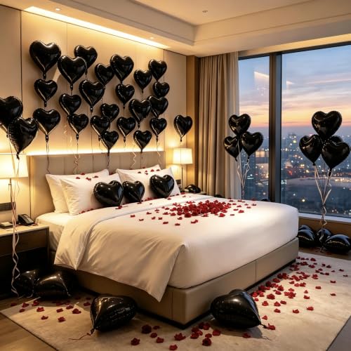 Image of 50 Pcs Black Heart Balloons,5 Inch and 10 Inch Heart Foil Balloons Love Balloon Valentine Balloon for Birthday Party Wedding Engagement Party Baby Shower Valentine Day Decorations