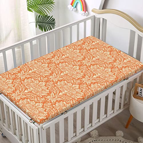 Autumn Damask Themed Fitted Mini Crib Sheets,Portable Mini Crib Sheets Toddler Bed Mattress Sheets - Baby Crib Sheets For Girl Or Boy,24“ X38“,Burnt Sienna Champagne #TOP1