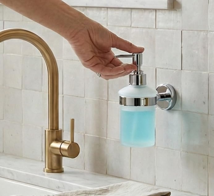 Image of Premium Wall Mounted Liquid Soap Dispenser - 304 Stainless Steel Holder with Frosted Glass Bottle | Rust-Proof Hand Wash Pump for Bathroom, Kitchen, & Wash Basin (Round 2910)