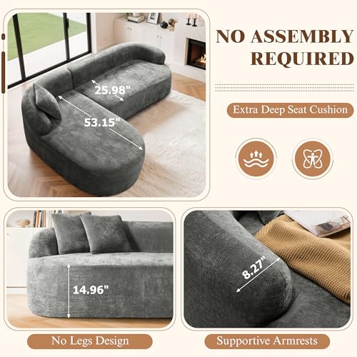 Image of 99 inch Curved Sectional Sofa with Chaise, Gray, Left Chaise+Right Sofa | Modern Boneless Couch, Deep Seat, L Shaped 3-Seater Cloud Couch, No Assembly Needed, Chenille