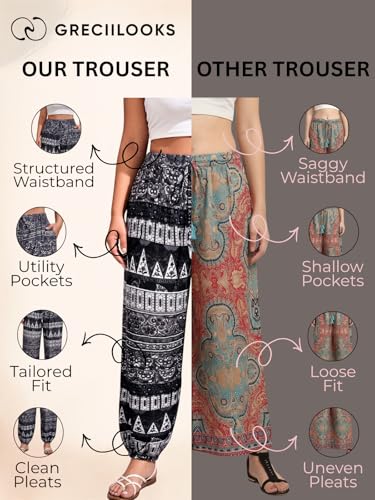 Image of GRECIILOOKS Trouser For Woman | Sharara For Women |Women's Boho Harem Pants | Printed Palazzo Pant For Womans Loose Fit Baggy Trousers with Elastic Waistband | Casual Yoga & Lounge Wear (Available in Plus Size)