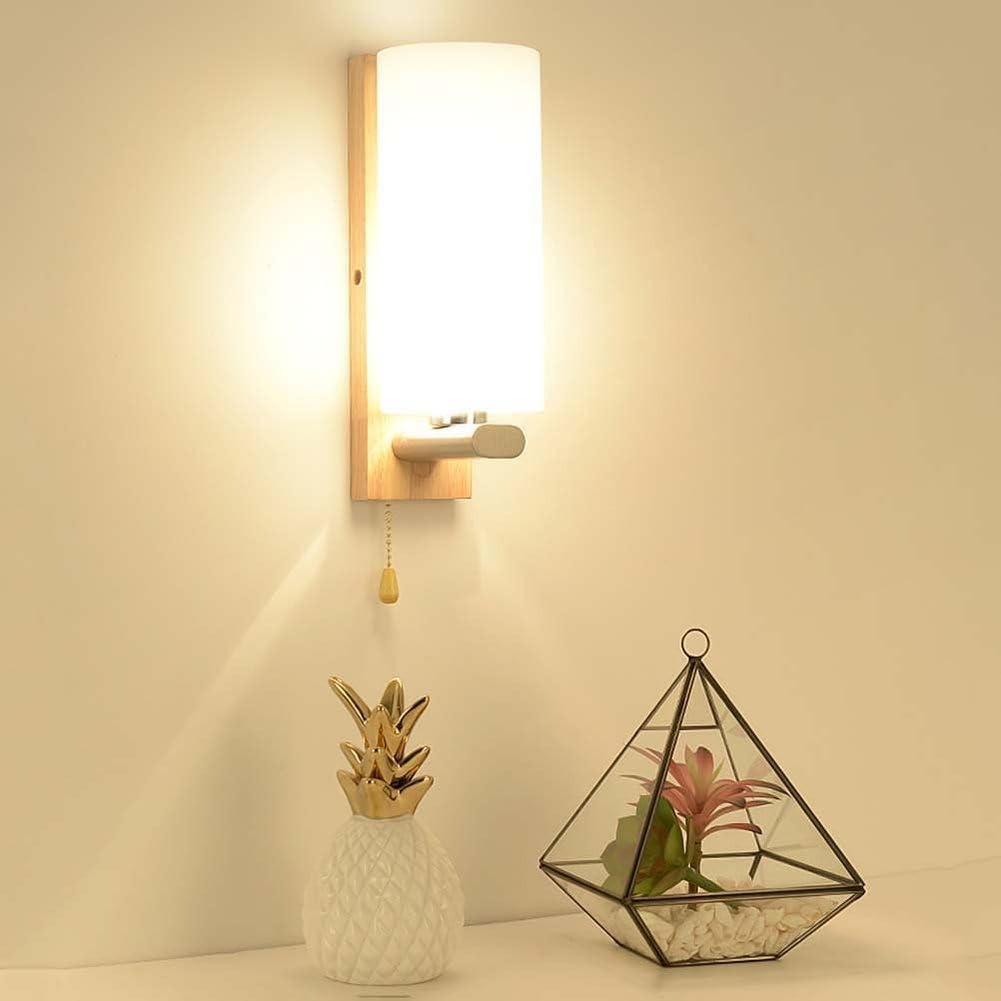 AoLa Holz Wandleuchte mit Zugschalter E27 Wandlampe Innen mit Rund Glas Lampeschirm Vintage Landhaus Schlafzimmer Nachtlicht Modern Metall Nachttischlampe für Schlafzimmer Wohnzimmer Flur