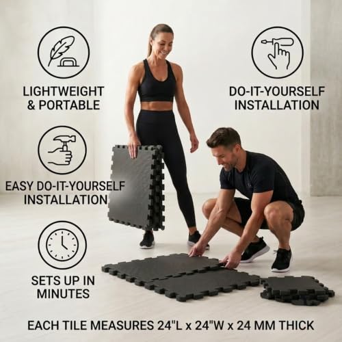 Image of EASYHOME 24mm Interlocking Gym Mats for Floor, Super Thick Workout Mat for Heavy Exercise & Floor Protection, EVA Foam Mat- 60x60cm (4 Tiles - 16Sqft)