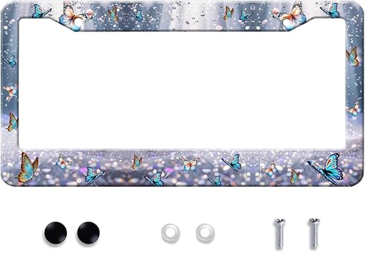 Beautiful Butterfly License Plate Frame, Stainless Steel License Plate, Decorative Accessory with Screws, Unisex Automotive Frame 2 Holes Anti-Aluminum Holder, 12x6 Inches, Blue