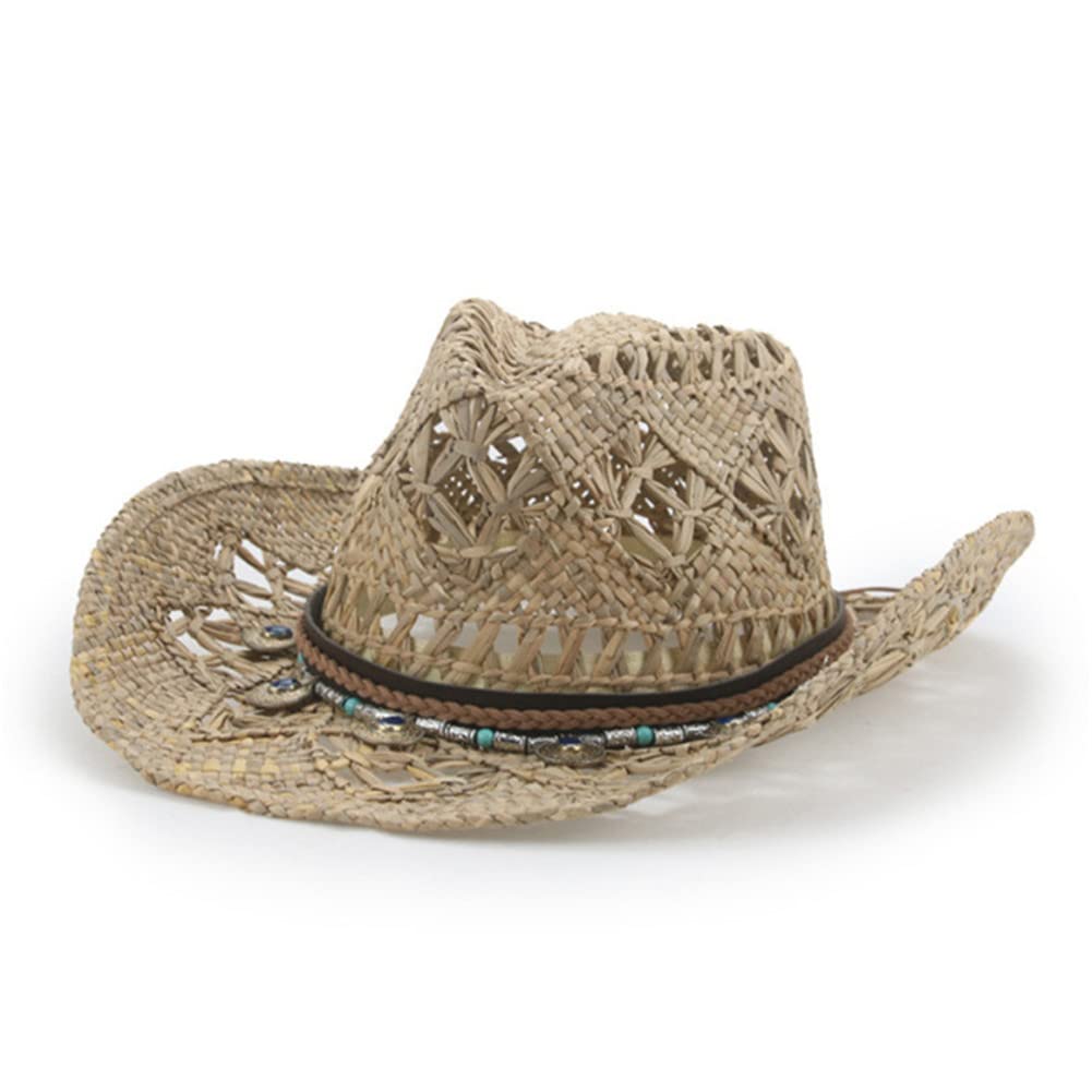 Youllyuu Sombrero de vaquero de verano de punto a mano con ala enrollada de paja para playa, sombrero de fiesta estilo étnico, sombrero de jazz hueco
