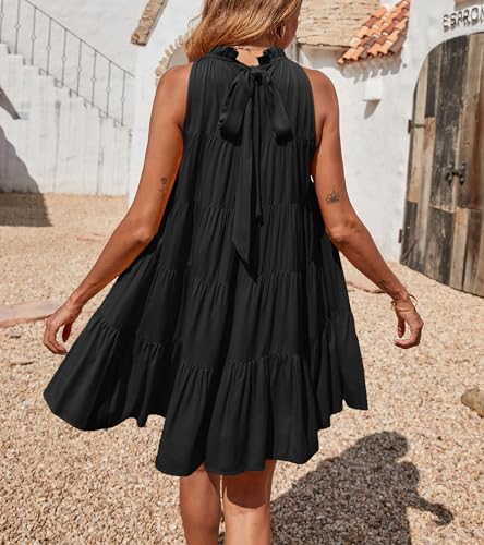 Okiwam Womens Summer Halter Dresses Sleeveless A Line Tiered Swing Mini 2025 Fall Casual Boho Beach Vacation Sundress