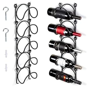 MOFASVIGI Wine Rack Wall Mounted Metal Wine Shelf Hanging Bottle Storage Display Shelves Floating Wine Holder Champagne 5 Bottles Holder for Office, Kitchen, Dining Room, Cellar, Bar(Black)