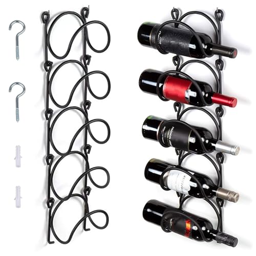 MOFASVIGI Wine Rack Wall Mounted Metal Wine Shelf Hanging Bottle Storage Display Shelves Floating Wine Holder Champagne 5 Bottles Holder for Office, Kitchen, Dining Room, Cellar, Bar(Black)