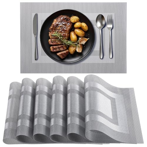 Timeet Gray Placemats Set of 6, Heat Resistant Non-Slip Place Mats, Durable Washable PVC Vinyl Woven Table Mats, Wipeable Placemats for Dining Table Easy to Clean
