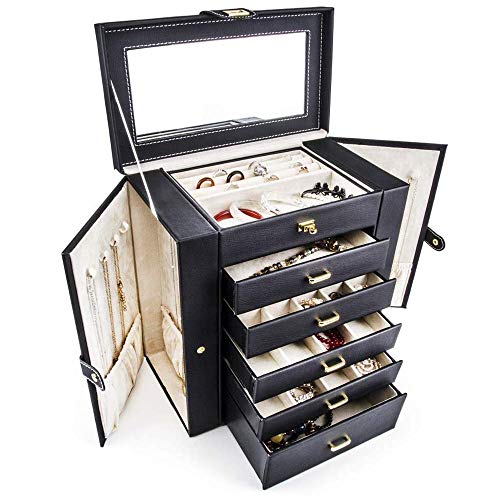Schmuckkasten, PU Leder Schmuckkasten mit Spiegel, groß Schmuckkästchen mit 5 Schubladen Cover