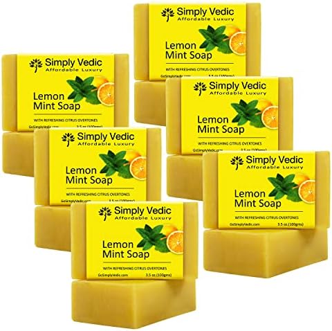 Simply Vedic Vit.C 6-Pack Lemon Mint Soap Bar For Body, Hand, Face|Made with Lemon Essential Oil, 100%Vegan Cold Pressed With Coconut Oil for Brightening and a Refreshing bath, Hand-Made (3.5 Oz.X 6)