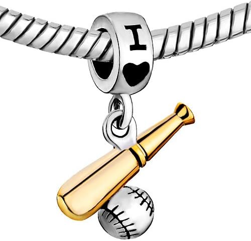 Gold Baseball Bat Ball Spacer Dangle Charm fits Pandora Charms Bracelets Sports Two-tone - Image 3