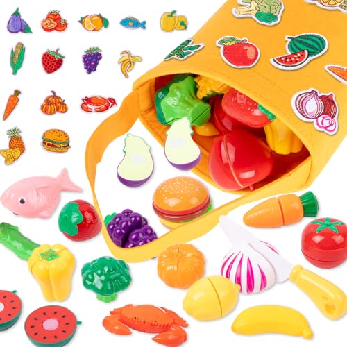 42 PCS-Velcro Sorting Play Food Set,Plastics Cut Food,Fruit,Vegetable Accessories with Baskets and Knife-Cutting Play Food Toy for Kids Kitchen,Pretend Cooking Play Toys for 3 4 5 Years Old Boys Girls