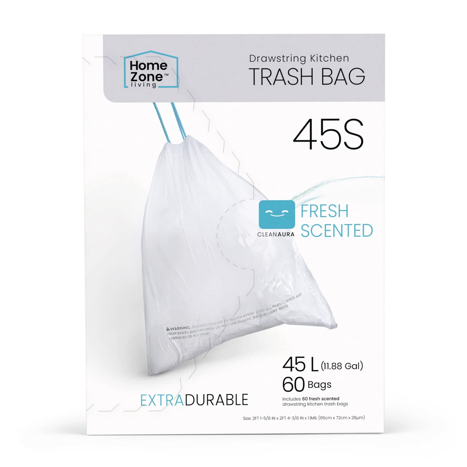 Home Zone Living 18.5 Gallon Kitchen Trash Can & 12-13 Gallon Kitchen Trash Bags with Drawstring Handles, 60 Count