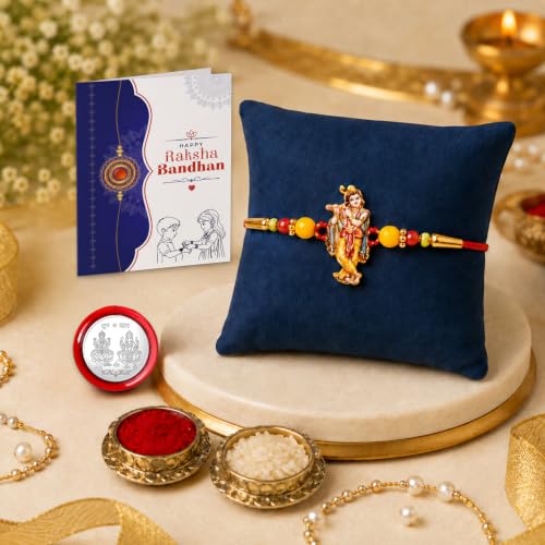 Image of Oblivion Rakhi For Brother Set of 1 - Elegant Krishna Ji With Beads Thread Designer Rakhi with Greeting Card, Silver Colour Coin and Tilak Set - Traditional Raksha Bandhan Combo for Bhai (Pack of 4)