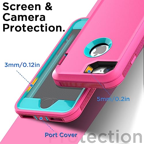 Image of AICase for iPhone SE Case 3rd & 2nd Generation, for iPhone SE 2022 /2020 Built-in Screen Protector Heavy Duty Protective Shockproof 3-Layer Full Body Rugged Phone Cover, Pink /Aqua Blue