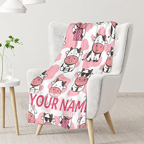 Personalized Cow Blanket Gifts with Name - 40"x50" Cute Throw for Women, Girls - Pink Soft Fuzzy Blankets for Couch & Sofa
