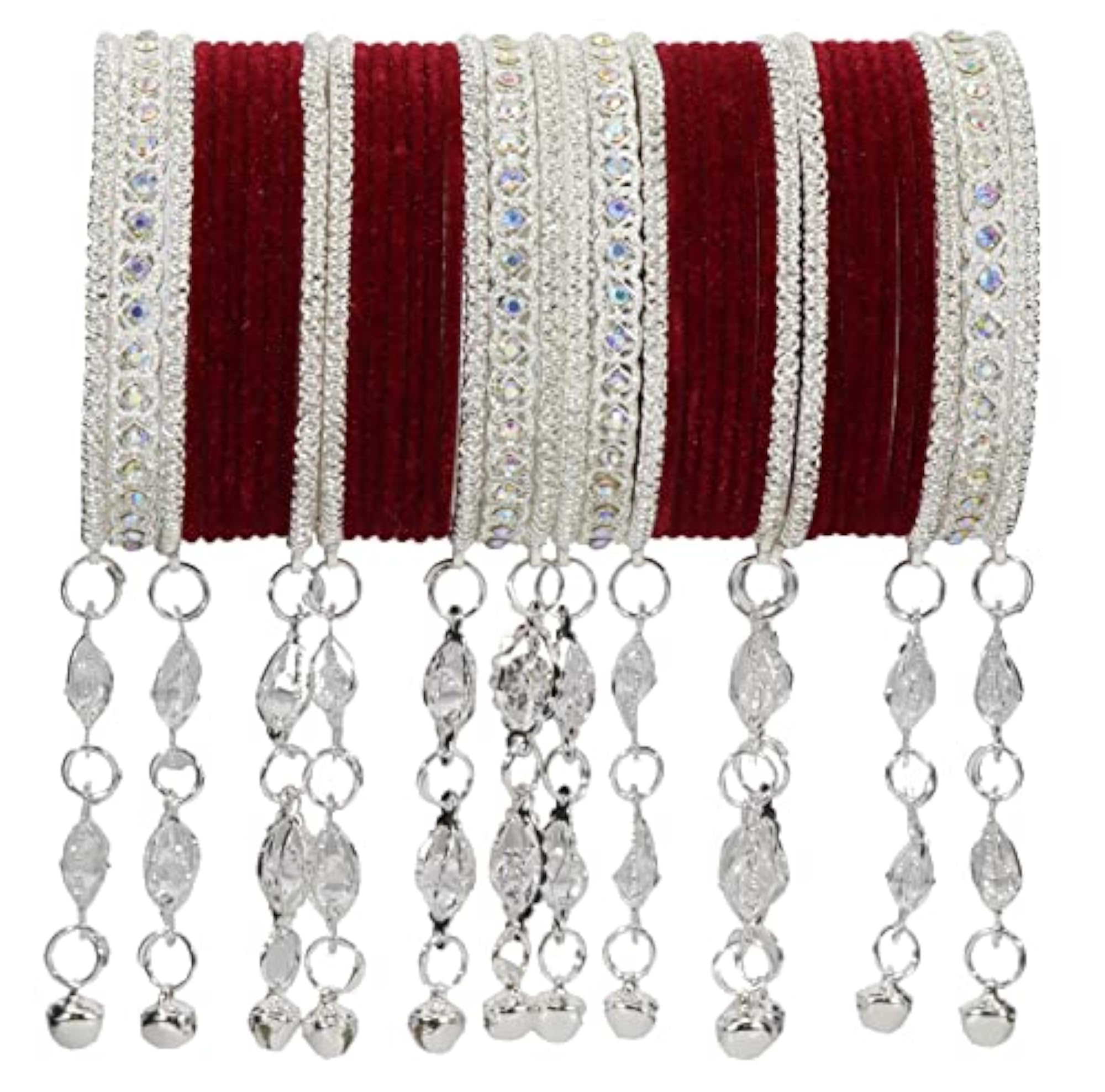 Zircon Gemstone Velvet Bangles Set with Bells, Pack of 40
