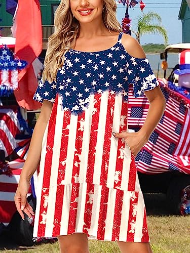 Image of Deerose Womens 4th of July Dresses Cold Shoulder American Flag Tie Dye A-Line Dress with Pockets