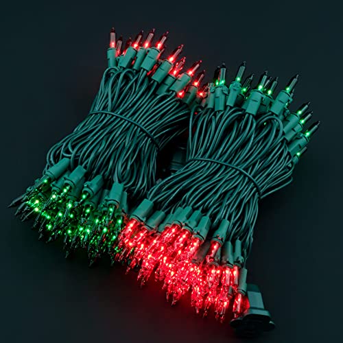 Yuletime Red & Green Christmas Lights With Green Wire, 66 Feet 200 Count Ul Certified String Lights, Pack Of 2 Sets 33 Ft 100 Count Incandescent Mini Light Set (Red & Green) #TOP5