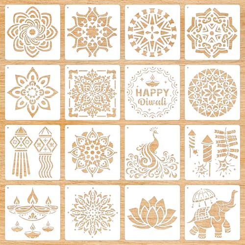 16 Pcs Mandala Stencils for Diwali Rangoli Stencils Reusable PET Plastic Painting Templates for Rangoli Wall Glass Decor Crafts & Festival Celebration