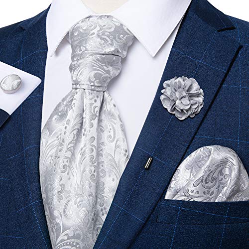 Image of DiBanGu Mens Silk Ascot Ties Paisley Jacquard Woven Cravat and Pocket Square Cufflinks with Lapel Pin for Business Wedding