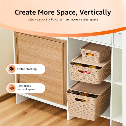Image of Amazon Basics Set of 3 (Small, Medium, Large) Plastic Storage Baskets with Lid Stackable Shelf Basket, Storage Box & Organiser for Wardrobe, Kitchen,Clothes, Toys, Books, Office (Biscuit, Rectangular)