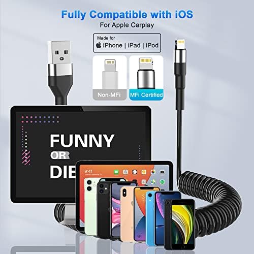 Coiled Lightning Cable Apple Carplay & MFi Certified, Retractable iPhone Charger with Data Transmission, Short iPhone Charger Cord for iPhone/Pad/Pod